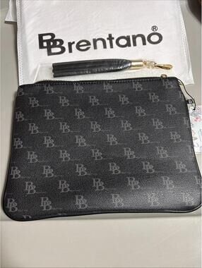 Brentano Black Logo Clutch With Tassle Zip Closure Gold Hardware and Dust Bag